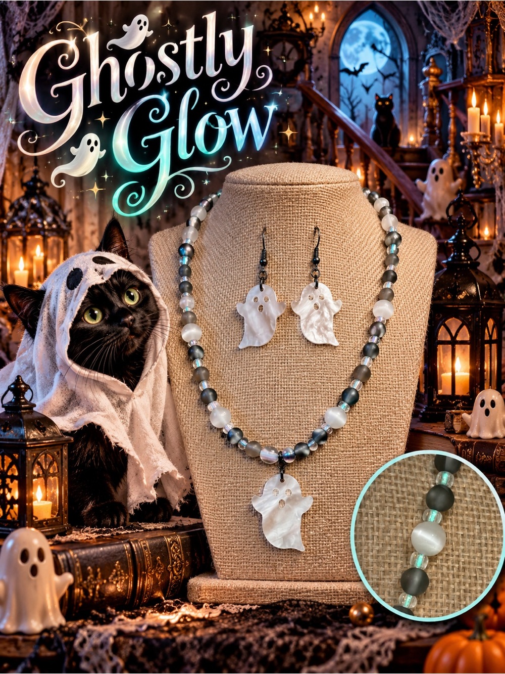 Glow in the Dark Ghost Pendant Necklace with Matching Earrings
